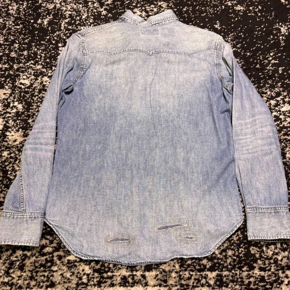 Polo Ralph Lauren Mens Distressed Denim Western Shirt Light Wash Pearl Snap M